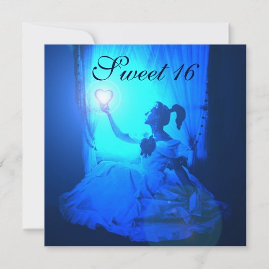 甘い16誕生日パーティー、ブルー白黒ダマスク 招待状 (正面)