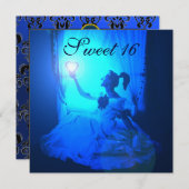 甘い16誕生日パーティー、ブルー白黒ダマスク 招待状 (正面/裏面)