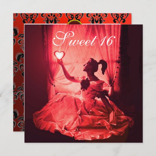甘い16誕生日パーティー、赤い白黒ダマスク 招待状 (正面/裏面)