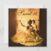 甘い16誕生日パーティー、金ゴールドイエローブラックダマスク 招待状 (正面)