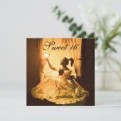 甘い16誕生日パーティー、金ゴールドイエローブラックダマスク 招待状 (スタンド正面)