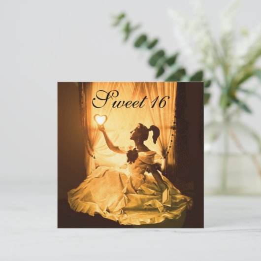 甘い16誕生日パーティー、金ゴールドイエローブラックダマスク 招待状 (スタンド正面)