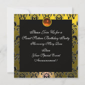 甘い16誕生日パーティー、金ゴールドイエローブラックダマスク 招待状 (裏面)