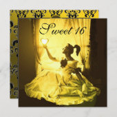 甘い16誕生日パーティー、黄色の白黒ダマスク 招待状 (正面/裏面)