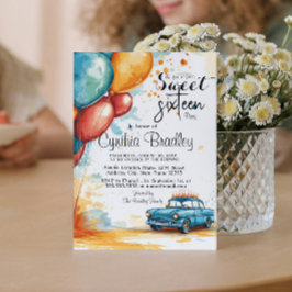 甘い16誕生日パーティーI風船と車 招待状