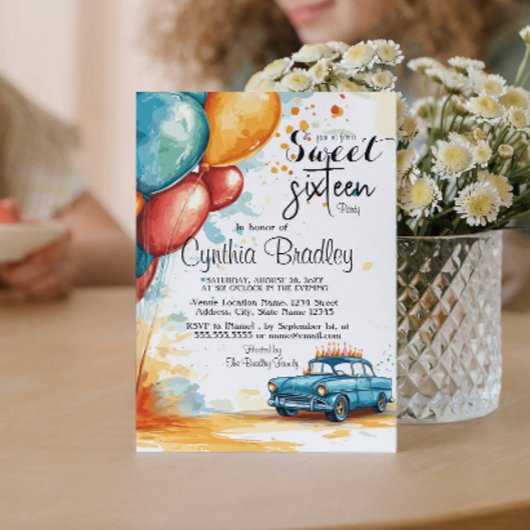 甘い16誕生日パーティーI風船と車 招待状