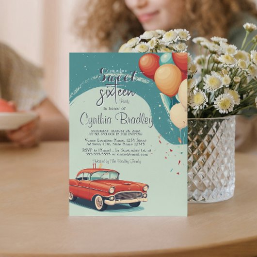 甘い16誕生日パーティーI風船と車 招待状