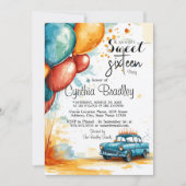 甘い16誕生日パーティーI風船と車 招待状 (正面)