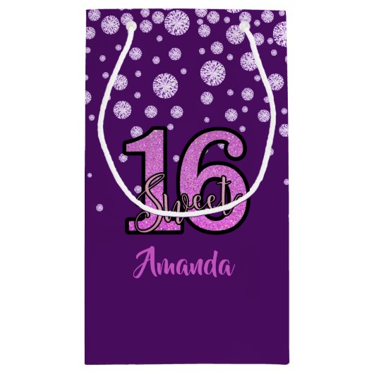 甘い16誕生日パープルピンクのガラスの名前 スモールペーパーバッグ (裏面)