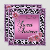 甘い16誕生日ピンクフラワーピンクブラック 招待状 (正面/裏面)