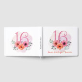 甘い16誕生日ピンクフローラ水彩グリッター ゲストブック (全面)
