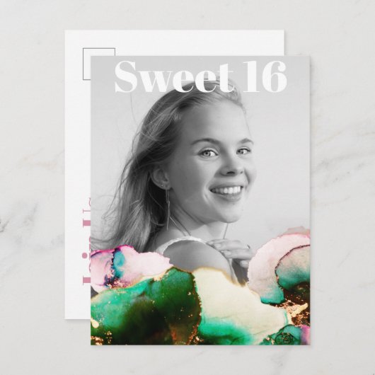 **甘い16誕生日フォトグリーンピンKミントAP29 インビテーションポストカード (正面/裏面)