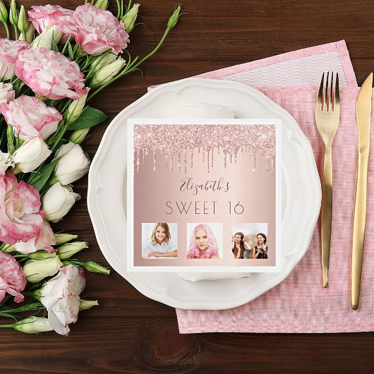 甘い16誕生日フォトバラ金ゴールドグリッターピンク スタンダードカクテルナプキン