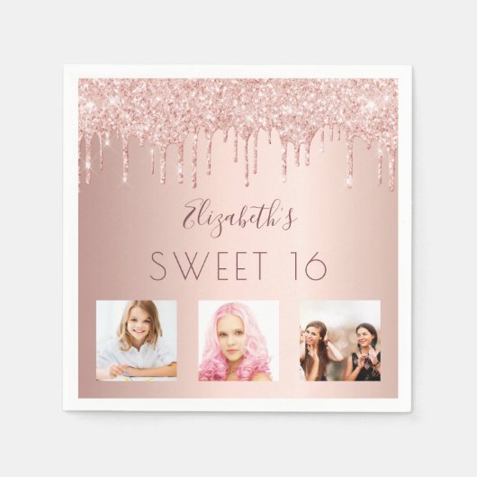 甘い16誕生日フォトバラ金ゴールドグリッターピンク スタンダードカクテルナプキン (正面)