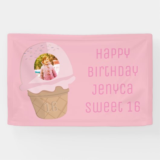 甘い16誕生日フォトピンクアイスクリームパーティー 横断幕 (横)