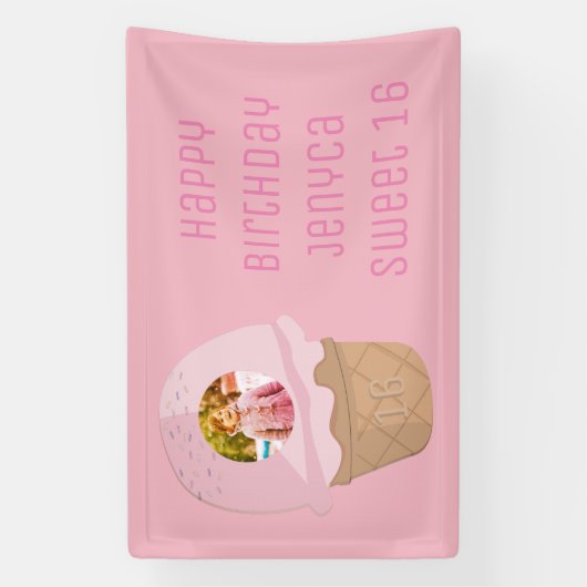 甘い16誕生日フォトピンクアイスクリームパーティー 横断幕 (縦)