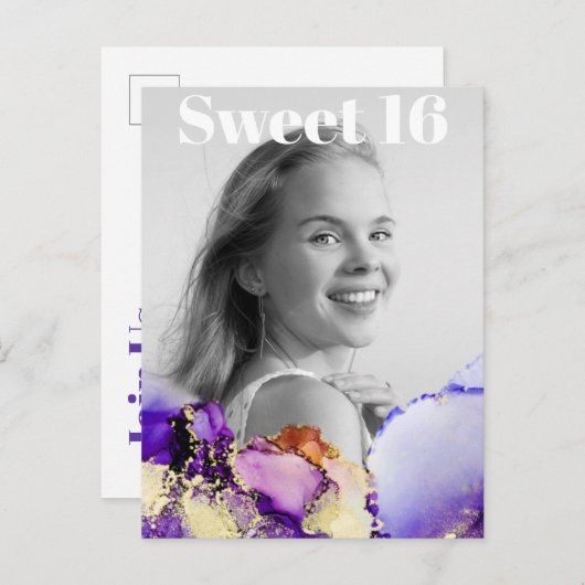 *~*甘い16誕生日フォト金ゴールドパープルピンクAP29 インビテーションポストカード (正面/裏面)
