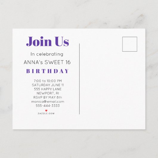 *~*甘い16誕生日フォト金ゴールドパープルピンクAP29 インビテーションポストカード (裏面)