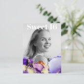 *~*甘い16誕生日フォト金ゴールドパープルピンクAP29 インビテーションポストカード (スタンド正面)