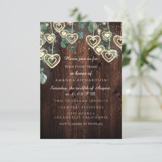 甘い16誕生日ブライダル素朴金ゴールドハート会議 招待状 (スタンド正面)