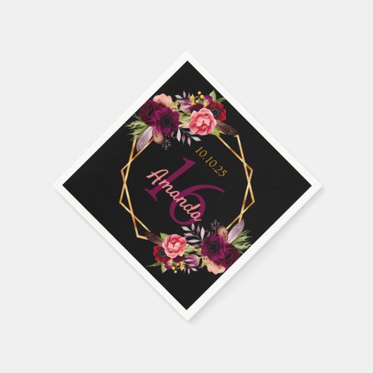 甘い16誕生日ブラック金ゴールドバーガンディフローラ スタンダードカクテルナプキン (角)