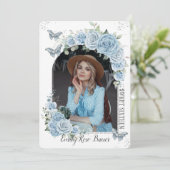 甘い16誕生日ブルーフローラ蝶の写真 招待状 (スタンド正面)