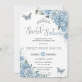 甘い16誕生日ブルーフローラ蝶の写真 招待状 (裏面)