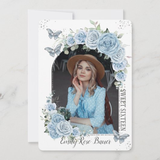 甘い16誕生日ブルーフローラ蝶の写真 招待状 (正面)