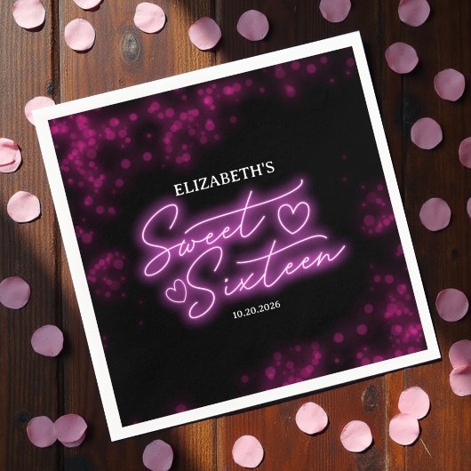 甘い16誕生日ホットピンクネオングローダークパーティー スタンダードカクテルナプキン
