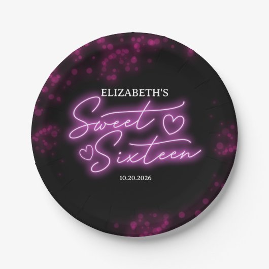 甘い16誕生日ホットピンクネオングローダークパーティー ペーパープレート (正面)