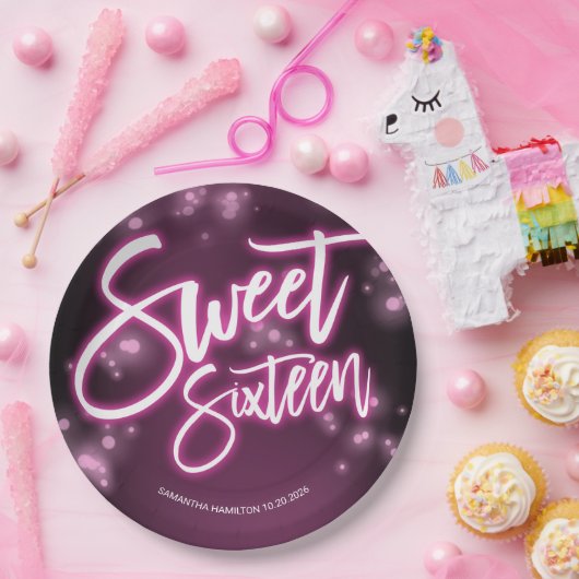 甘い16誕生日ホットピンクネオングローダークパーティー ペーパープレート (パーティー)