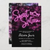 甘い16誕生日ホットピンクネオングローダークパーティー 招待状 (正面/裏面)