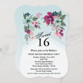 甘い16誕生日招待状トロピカルフラワーオンブルーO 招待状 (正面/裏面)