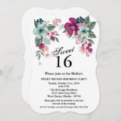 甘い16誕生日招待状トロピカルフラワーオンホワイト 招待状 (正面/裏面)