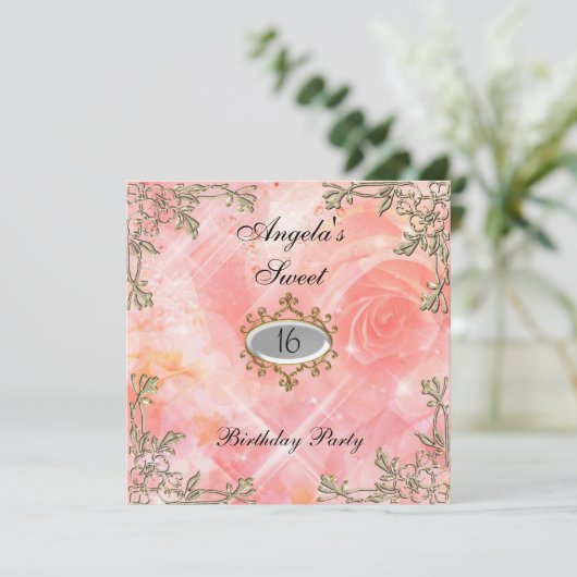 甘い16誕生日招待状ピンクの花 招待状 (スタンド正面)
