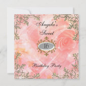 甘い16誕生日招待状ピンクの花 招待状 (正面)