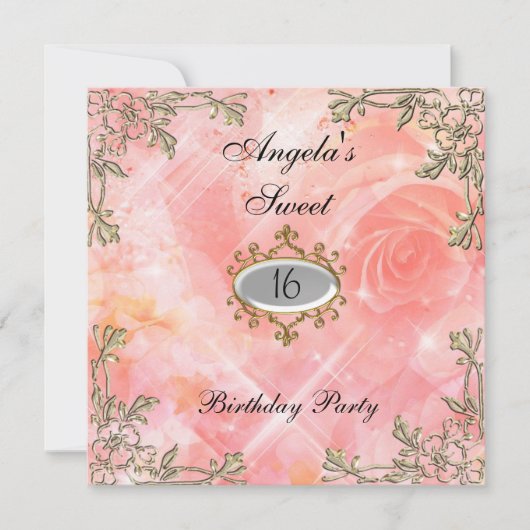 甘い16誕生日招待状ピンクの花 招待状 (正面)