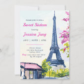 甘い16誕生日水彩フローラエッフェルタワー 招待状 (正面)