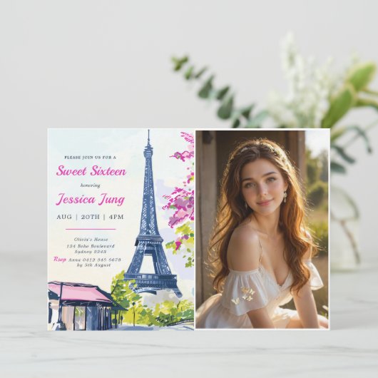 甘い16誕生日水彩フローラエッフェル写真 招待状 (スタンド正面)