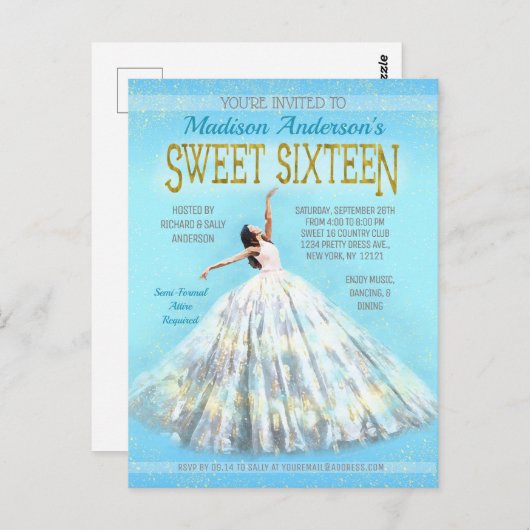 甘い16誕生日水色ドレスブルー王室の金ゴールド ポストカード (正面/裏面)
