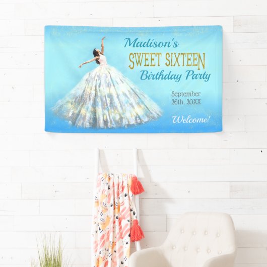 甘い16誕生日水色ドレスブルー王室の金ゴールド 横断幕 (インサイチュ)