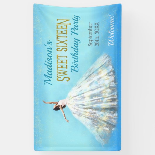 甘い16誕生日水色ドレスブルー王室の金ゴールド 横断幕 (縦)
