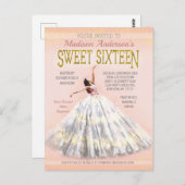 甘い16誕生日水色ドレス赤面ピンク金ゴールド ポストカード (正面/裏面)