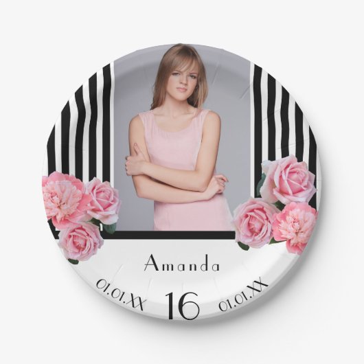 甘い16誕生日白黒ストライプフローラ写真 ペーパープレート (正面)