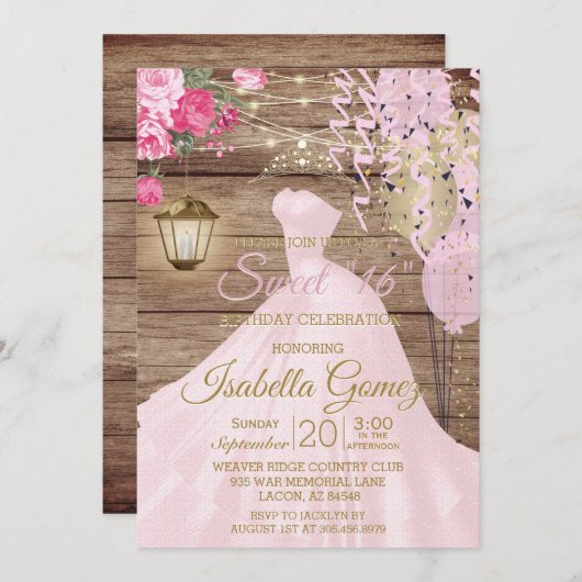 甘い16誕生日 – 木とピンクの花 招待状 (正面/裏面)