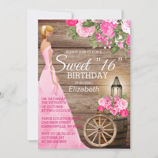 甘い16誕生日 – 木筒とピンクの花 招待状 (正面)