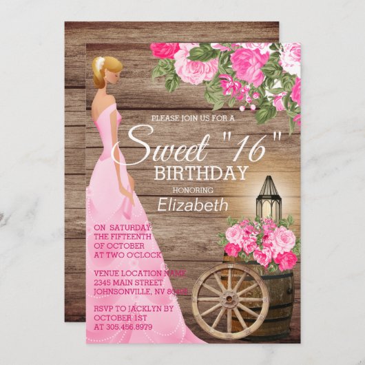 甘い16誕生日 – 木筒とピンクの花 招待状 (正面/裏面)