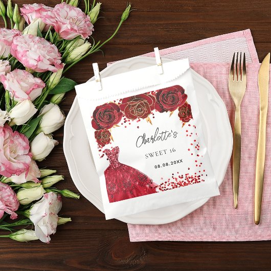 甘い16赤いドレスの花は白 フェイバーバッグ