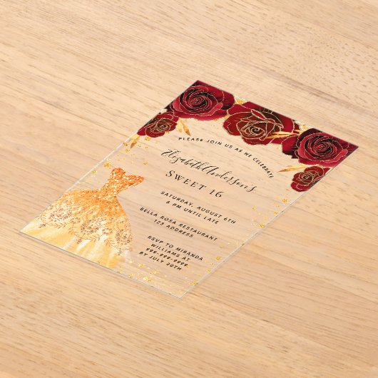 甘い16赤いバラの金ゴールドドレスグリッター 澄ん アクリル招待状 (レイダウン)
