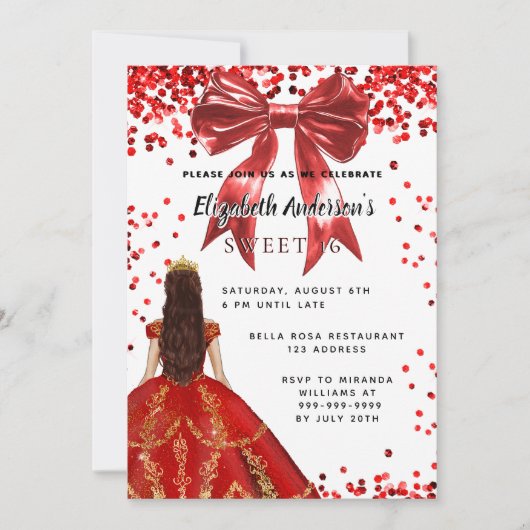 甘い16赤い白いドレスボウ 招待状 (正面)
